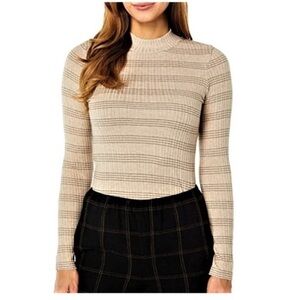 Vince Variegated Rib Striped Mock Neck Sweater Sz.XS Wheat/Dark Almond
